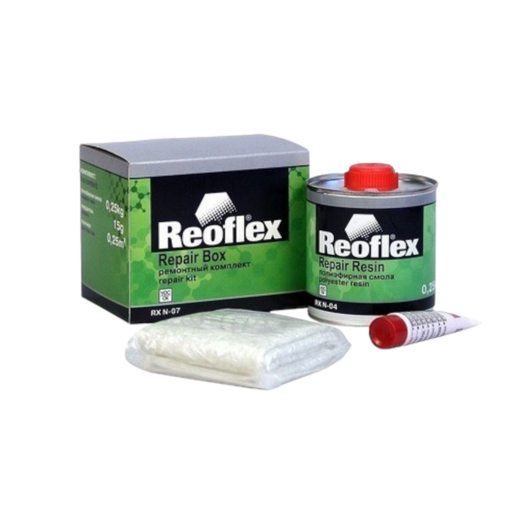 Набор для ремонта бамперов. Ремонтный комплект Reoflex Repair Box. Полиэфирная смола Reoflex Repair Box RX N-07. Ремонтный комплект смола+стекломат 250 гр/1м2+отверд Reoflex.