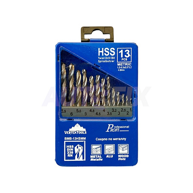 VERTEX набор сверл твердосплавных HSS DIN 338 RN 1.5-6.5мм 13 шт
